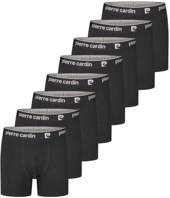 Acht zwarte boxershorts van Pierre Cardin, met een grijze tailleband met logo.