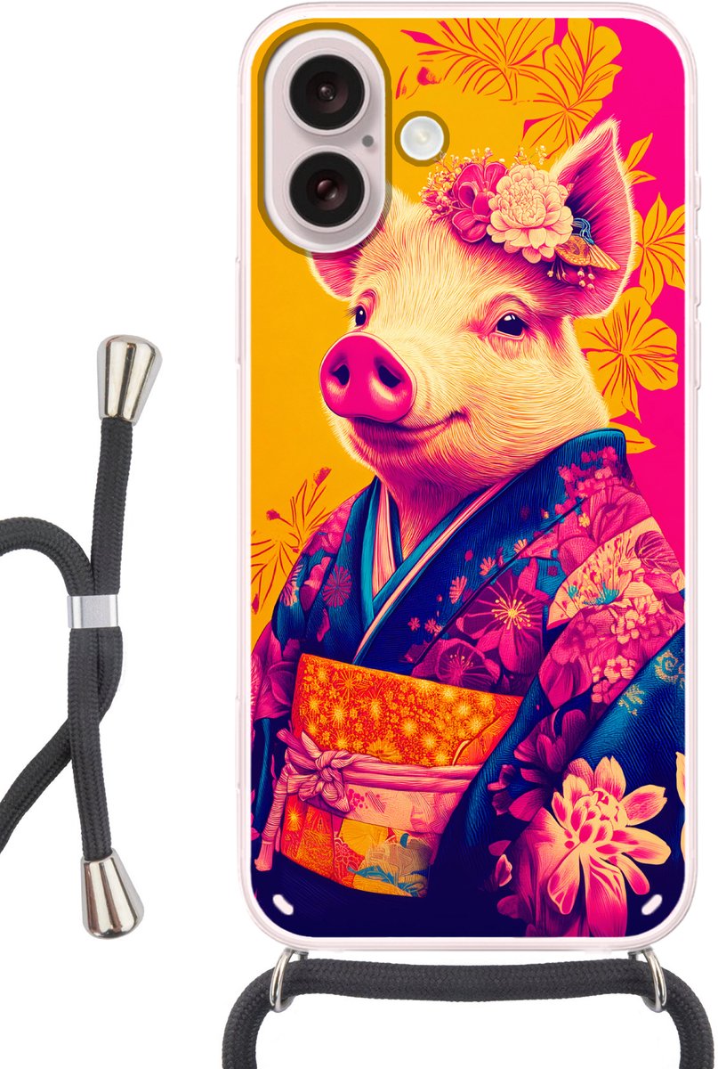 Telefoonhoesje Geschikt voor iPhone 16 - Varken - Bloemkroon - Kimono - Abstract - Siliconen - Crossbody - Backcover met Koord - Telefoonhoesje met koord - Hoesje met touw Telefoonhoesje