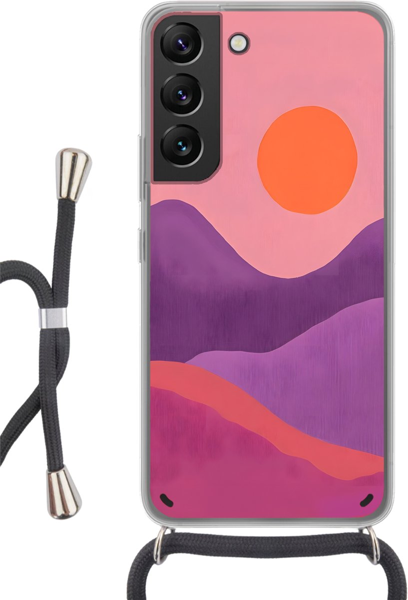 Telefoonhoesje Geschikt voor Samsung Galaxy S22 - Zon - Heuvels - Paars - Abstract - Siliconen - Crossbody - Backcover met Koord - Telefoonhoesje met koord - Hoesje met touw Telefoonhoesje