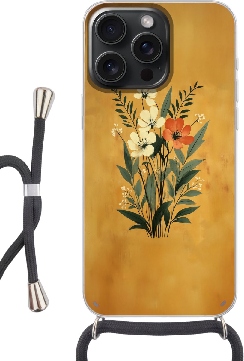 Telefoonhoesje Geschikt voor iPhone 15 Pro - Bladeren - Boeket - Bloemen - Geel - Siliconen - Crossbody - Backcover met Koord - Telefoonhoesje met koord - Hoesje met touw Telefoonhoesje