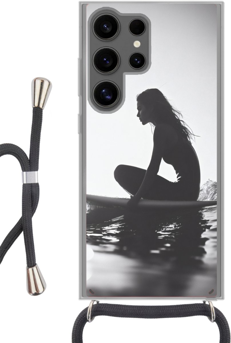 Telefoonhoesje Geschikt voor Samsung Galaxy S24 Ultra - Silhouet - Vrouw - Surfplank - Water - Siliconen - Crossbody - Backcover met Koord - Telefoonhoesje met koord - Hoesje met touw Telefoonhoesje