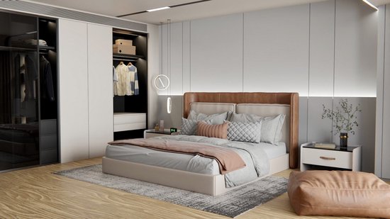 Luxe slaapkamer met een groot bed met bruin leren hoofdbord, kledingkast en een bijzettafel.