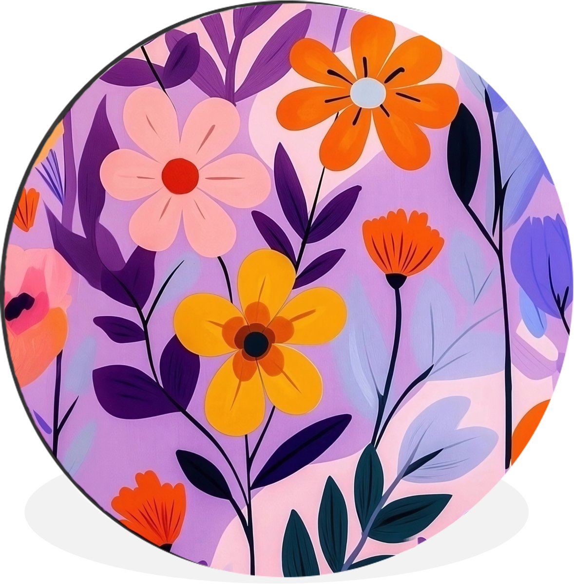 WallCircle Wandcirkel - Muurcirkel - Bloemen - Kleurrijk - Bladeren - Aluminium - Dibond - 60x60 cm - Binnen en Buiten Bloemen - Bladeren