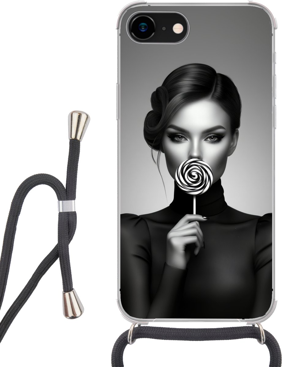 Telefoonhoesje Geschikt voor iPhone 8 - Vrouw - Lolly - Zwart - Siliconen - Crossbody - Backcover met Koord - Telefoonhoesje met koord - Hoesje met touw Telefoonhoesje
