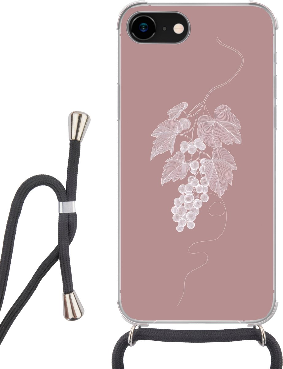 Telefoonhoesje Geschikt voor iPhone SE 2020 - Tros - Druiven - Illustratie - Bladeren - Siliconen - Crossbody - Backcover met Koord - Telefoonhoesje met koord - Hoesje met touw Telefoonhoesje