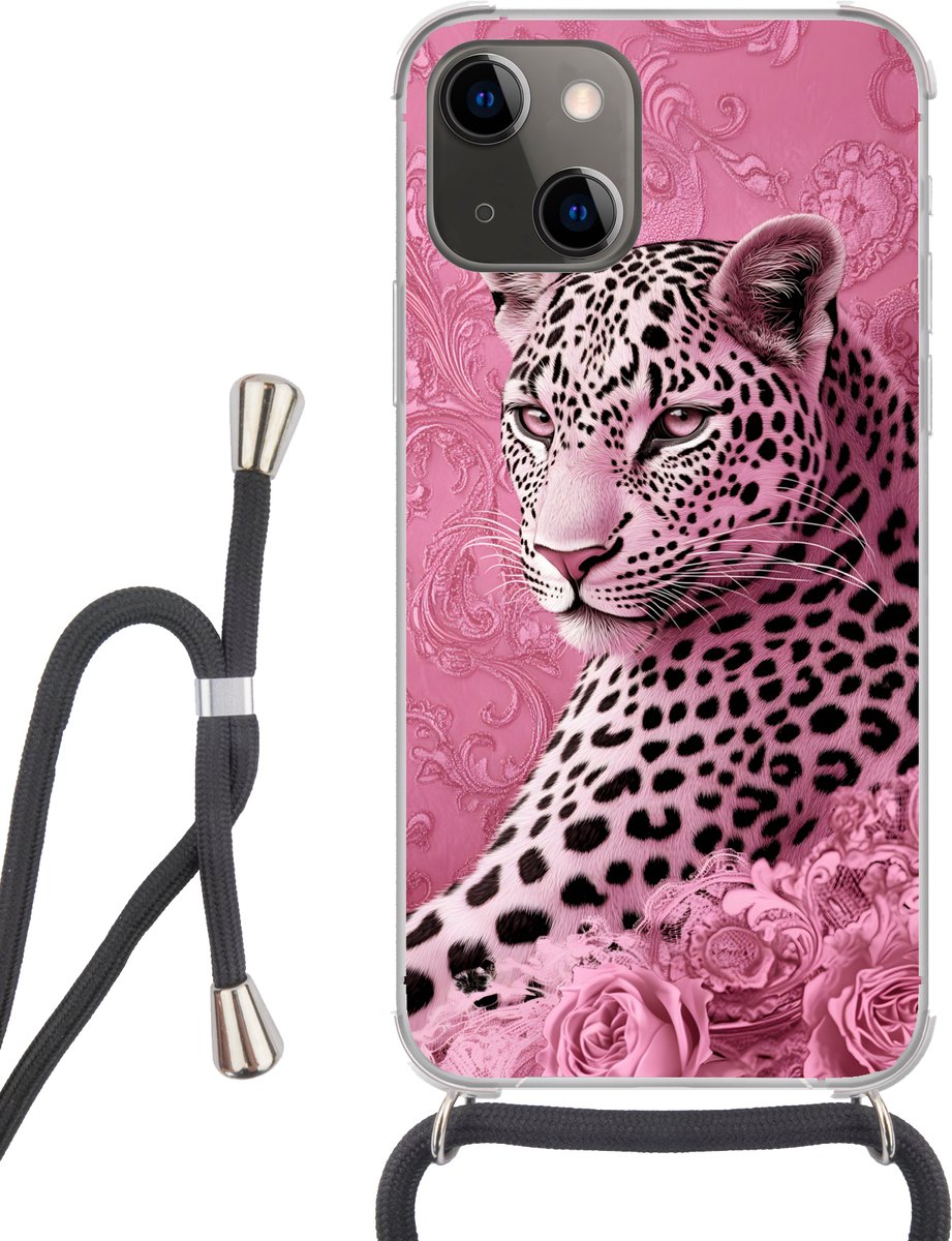 Telefoonhoesje Geschikt voor iPhone 13 - Panter - Luxe - Roze - Siliconen - Crossbody - Backcover met Koord - Telefoonhoesje met koord - Hoesje met touw Telefoonhoesje