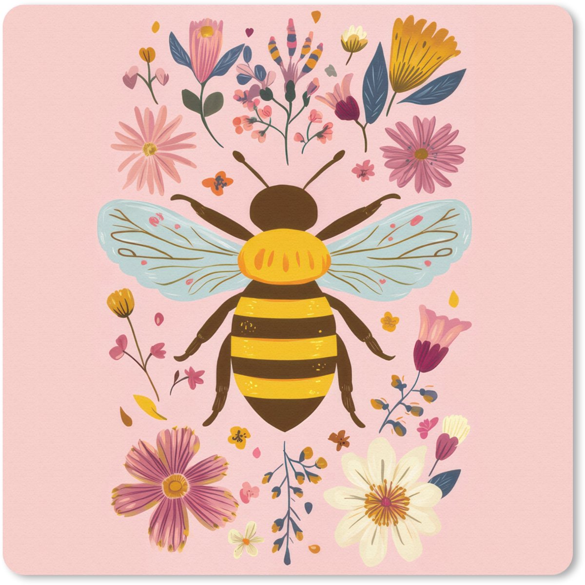 Muismat 30x30 cm - Mousepad Bij - Geel - Bloemen - Kleurrijk - Muismatten