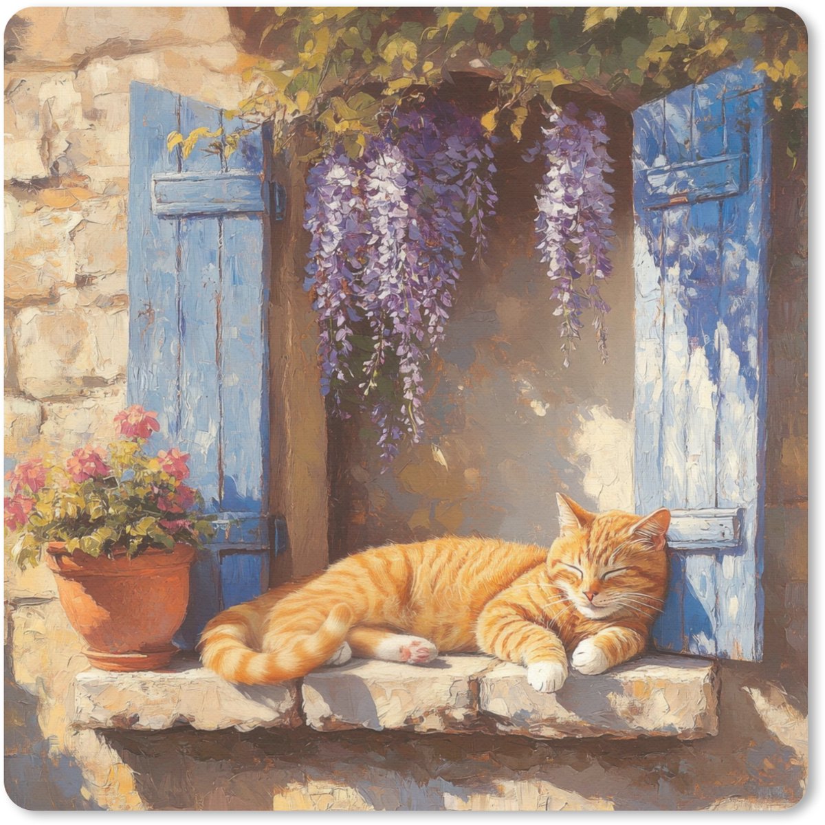Muismat 30x30 cm - Mousepad Kat - Stenen vensterbank - Bloemen - Muismatten