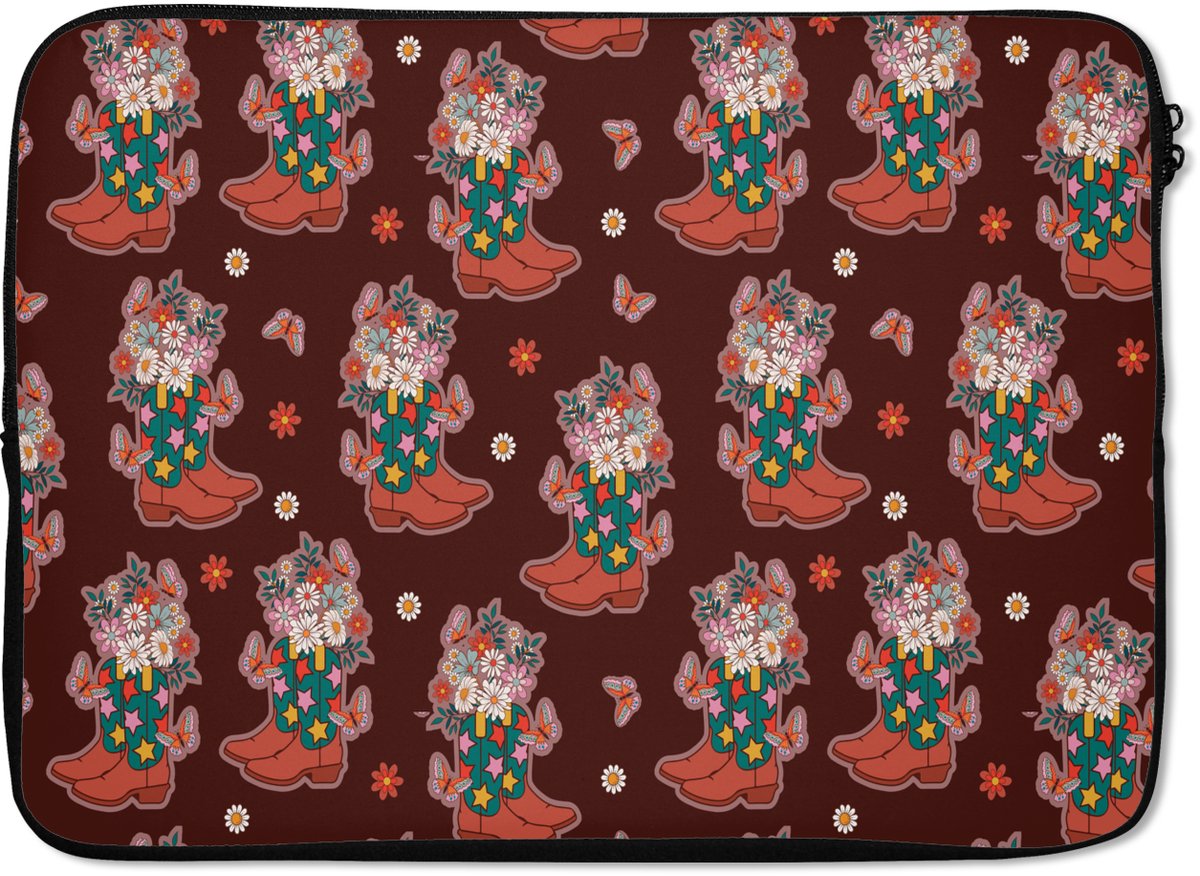 Laptophoes 14 inch - Donker - Cowboy - Laars - Patroon - Laptop sleeve - Binnenmaat 33x23 cm - Zwarte achterkant