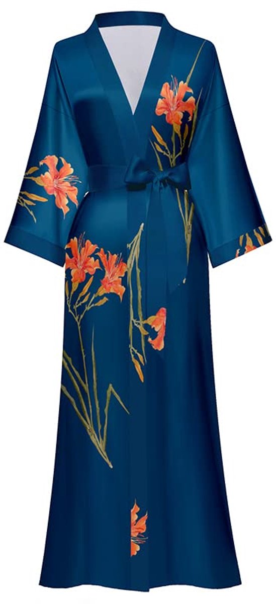 Dames Morgenmantel - Lange Satijnen Kimono Stijl - Met Bloemenpatroon