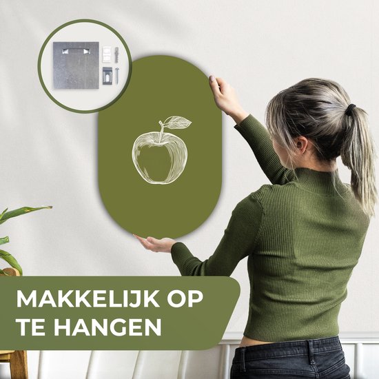 Muurovaal 40x60 cm - Ovale wanddecoratie Lijntekening - Appel - Olijfgroen - Blaadje - Ovalen schilderij - Muurdecoratie woonkamer - Kamer decoratie - Schilderijen - Wandcirkel