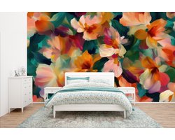 Behang - Fotobehang Harmonieus - Abstracte bloemen - Warme tinten - Breedte 435 cm x hoogte 260 cm