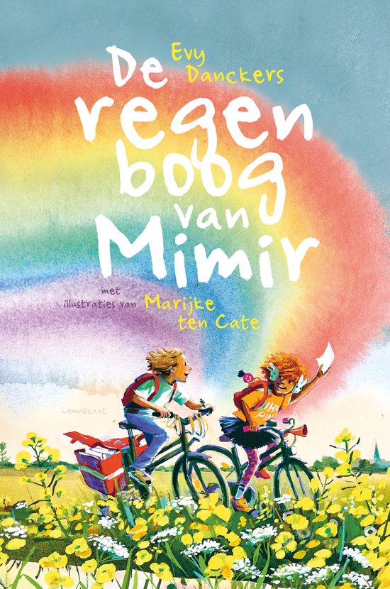 Boekcover: twee kinderen op de fiets met regenboog en bloemenveld