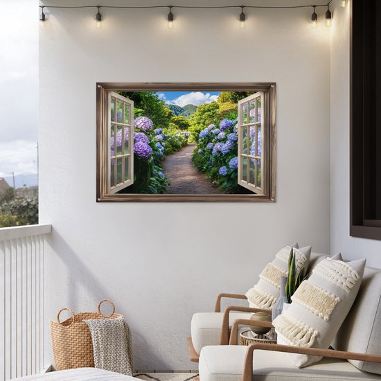 Affiche de jardin 120x80 cm - Décoration de jardin Vue - Hortensia - Chemin - Nature - Affiche pour le jardin - Décoration extérieure - Tableau de jardin clôture - Décoration murale sur toile de jardin - Décoration murale sur toile de balcon