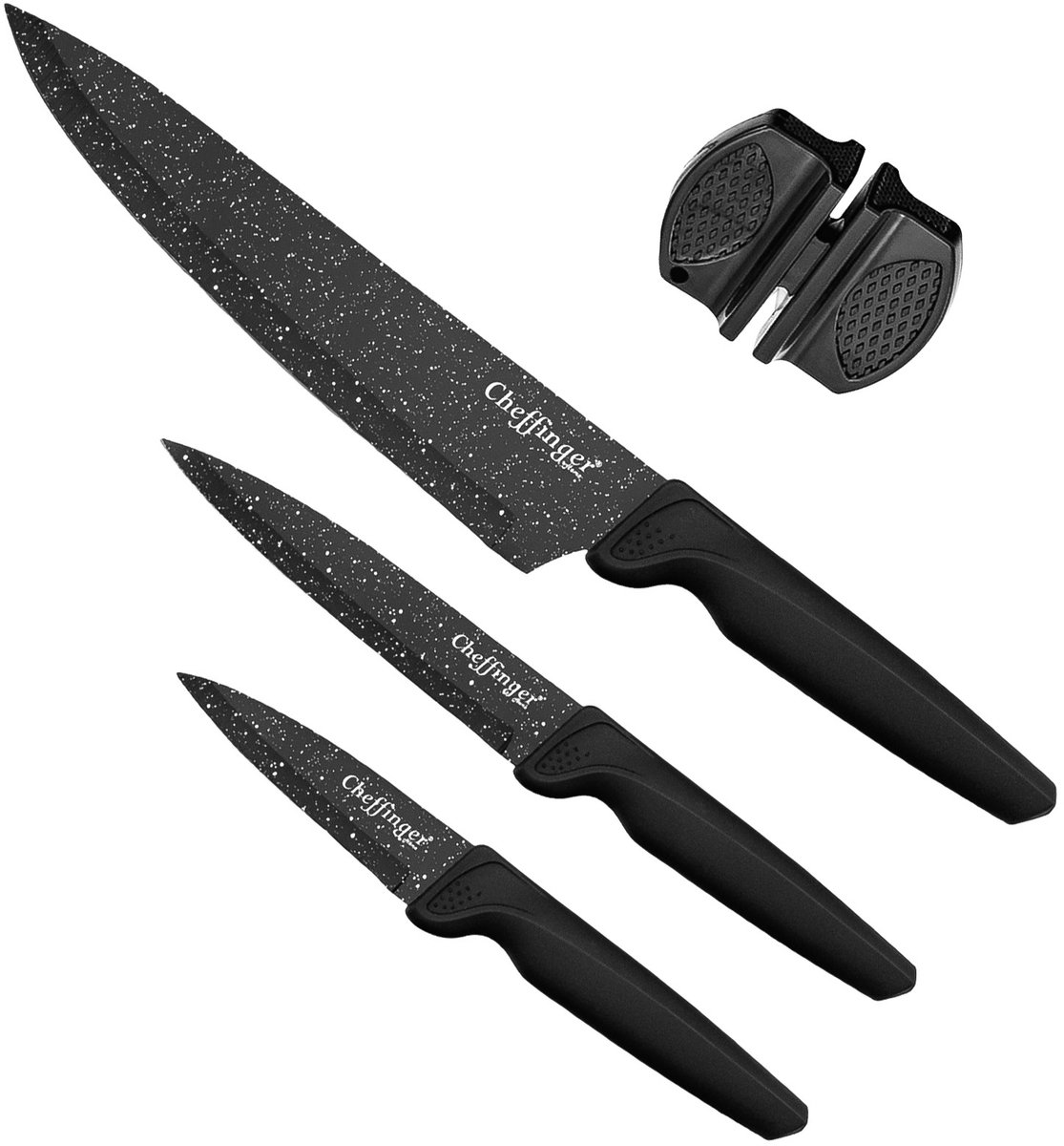 Cheffinger, Set van 4 koksmessen Marmeren coating met slijper, Zwart