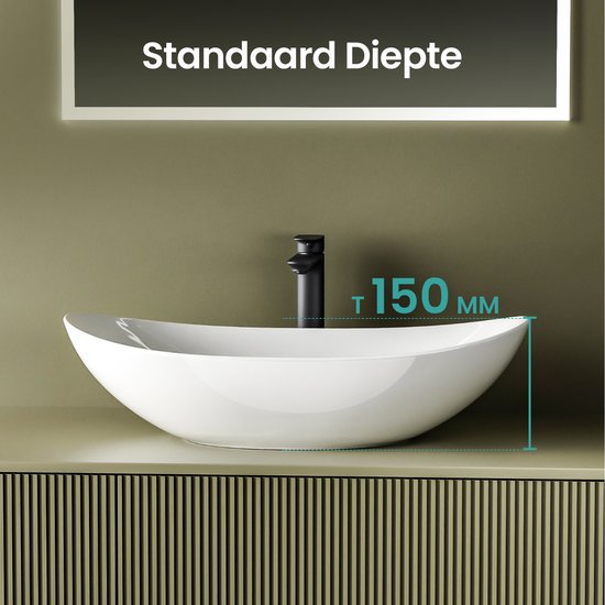 EMKE Vasque à Poser Ovale - Céramique - Wit Brillant - 61,5x36x15 cm - Lavabo de Salle de Bain