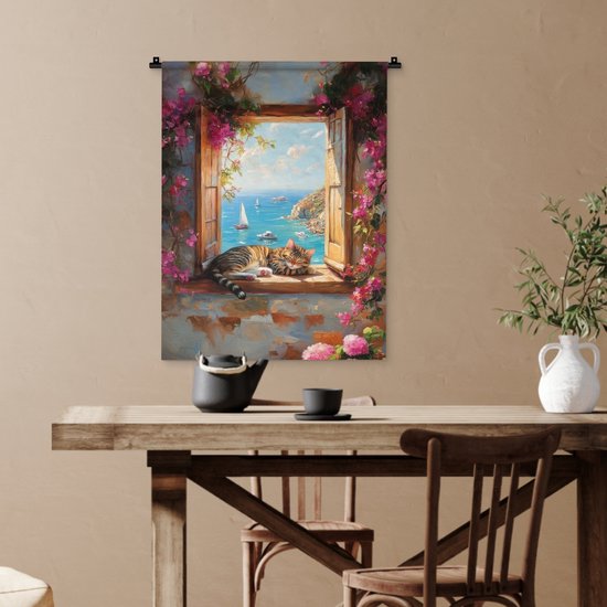 Wandkleed 60x80 cm - Wanddoek Kat - Blauwe zee - Roze bloemen - Wandtapijt - Wandkleden