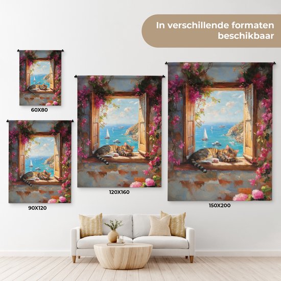 Wandkleed 60x80 cm - Wanddoek Kat - Blauwe zee - Roze bloemen - Wandtapijt - Wandkleden