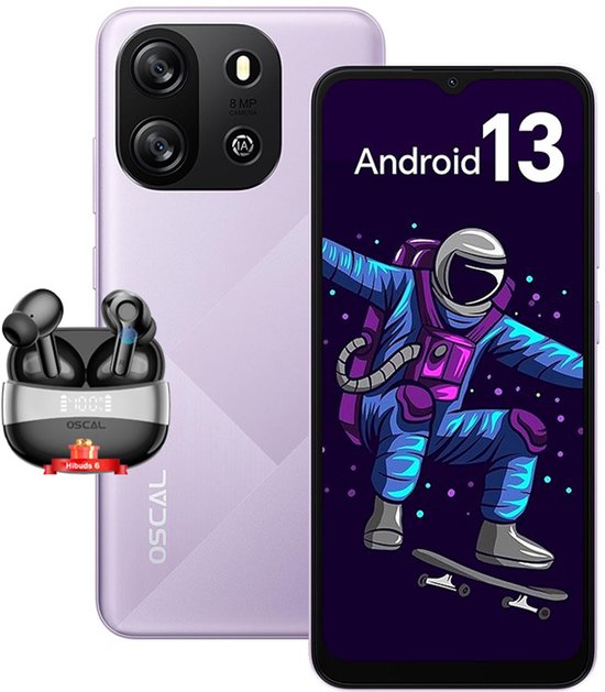Oscal Flat 1C Smartphone - 4GB RAM 32GB ROM - Android 13 - 4700 mAh - Dual SIM 4G - GPS - Paars met Bluetooth-headset Oscal Hibuds 6 Zwart