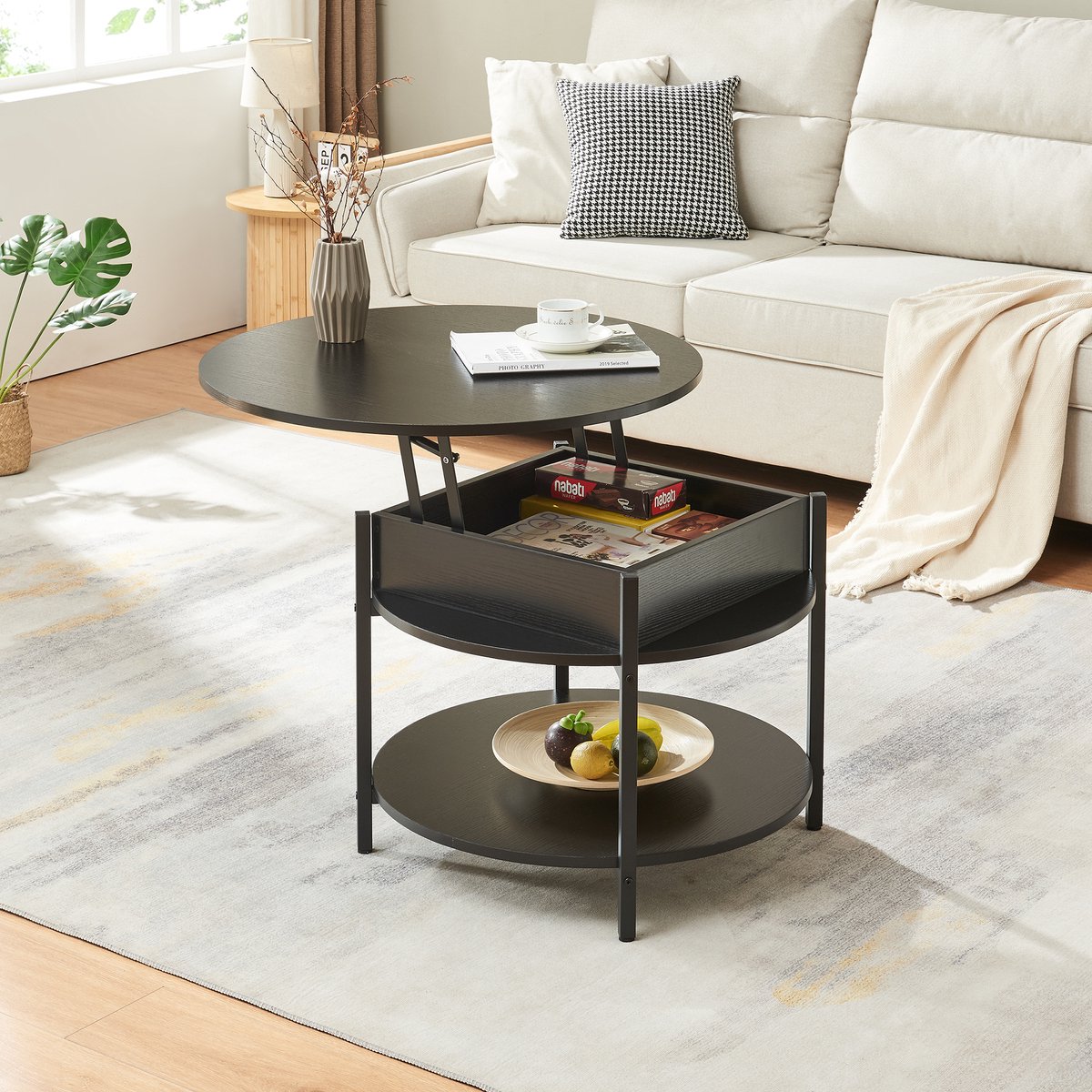 Salontafel Kandas rond zwart en houtkleurig Ø70 cm [en.casa]