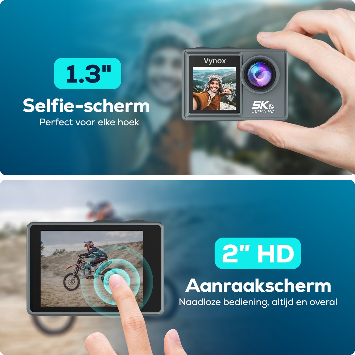 Vynox Action Camera 5K - 50MP / 60FPS / WiFi / 30M Waterdicht - Actiecamera - Touchscreen - Onderwatercamera - Inclusief Accessoires thumbnail 5