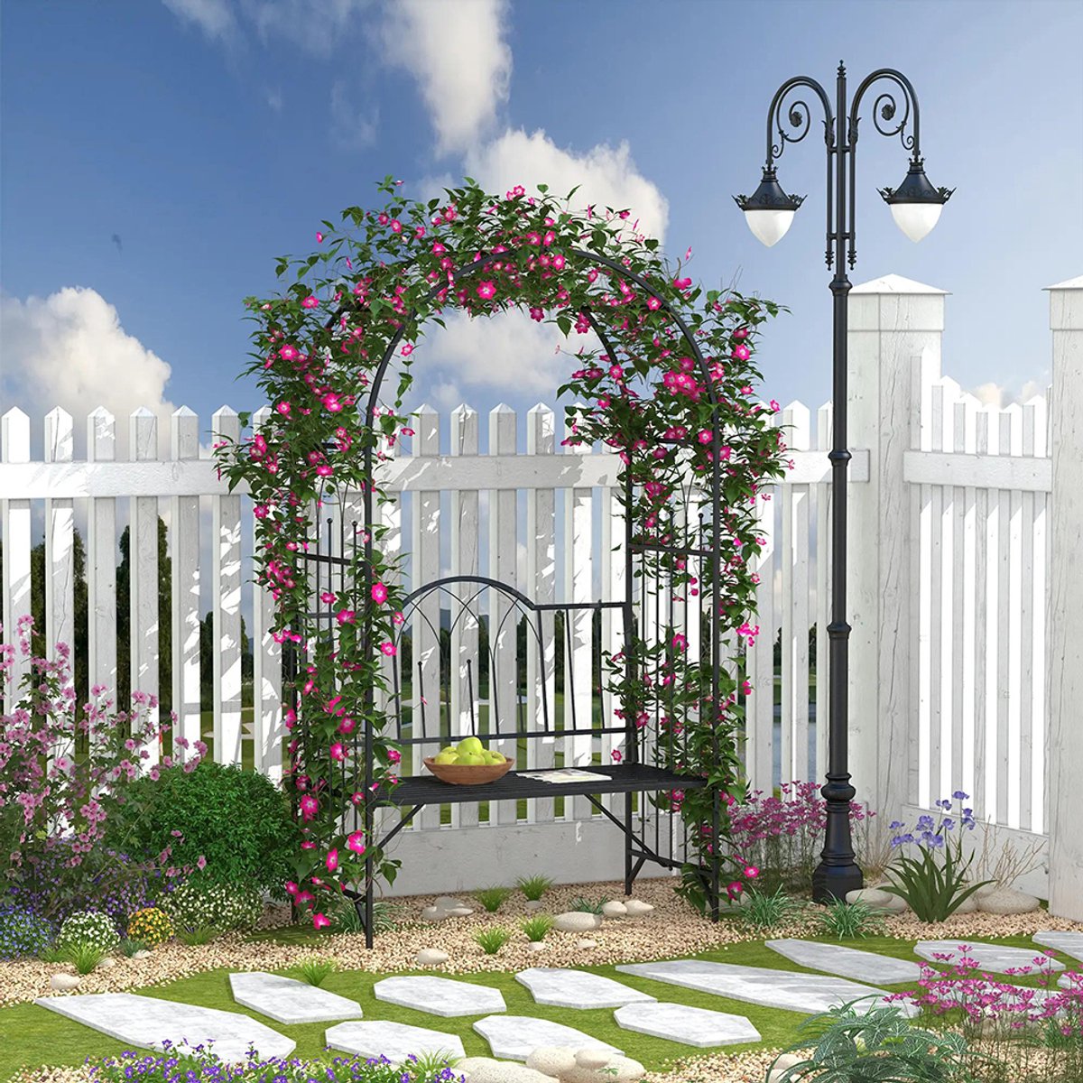 Sweiko Rozenboogbank - met klimrek - tuinbank - metaal - 115 x 59 x 203 cm - zwart