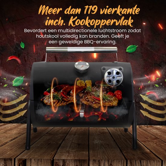Muntel® Houtskoolbarbecue - Smoker - BBQ - Grill - Draagbaar - Uitklapbaar - Cilinder - Camping - Zwart van Muntel® — afbeelding 2