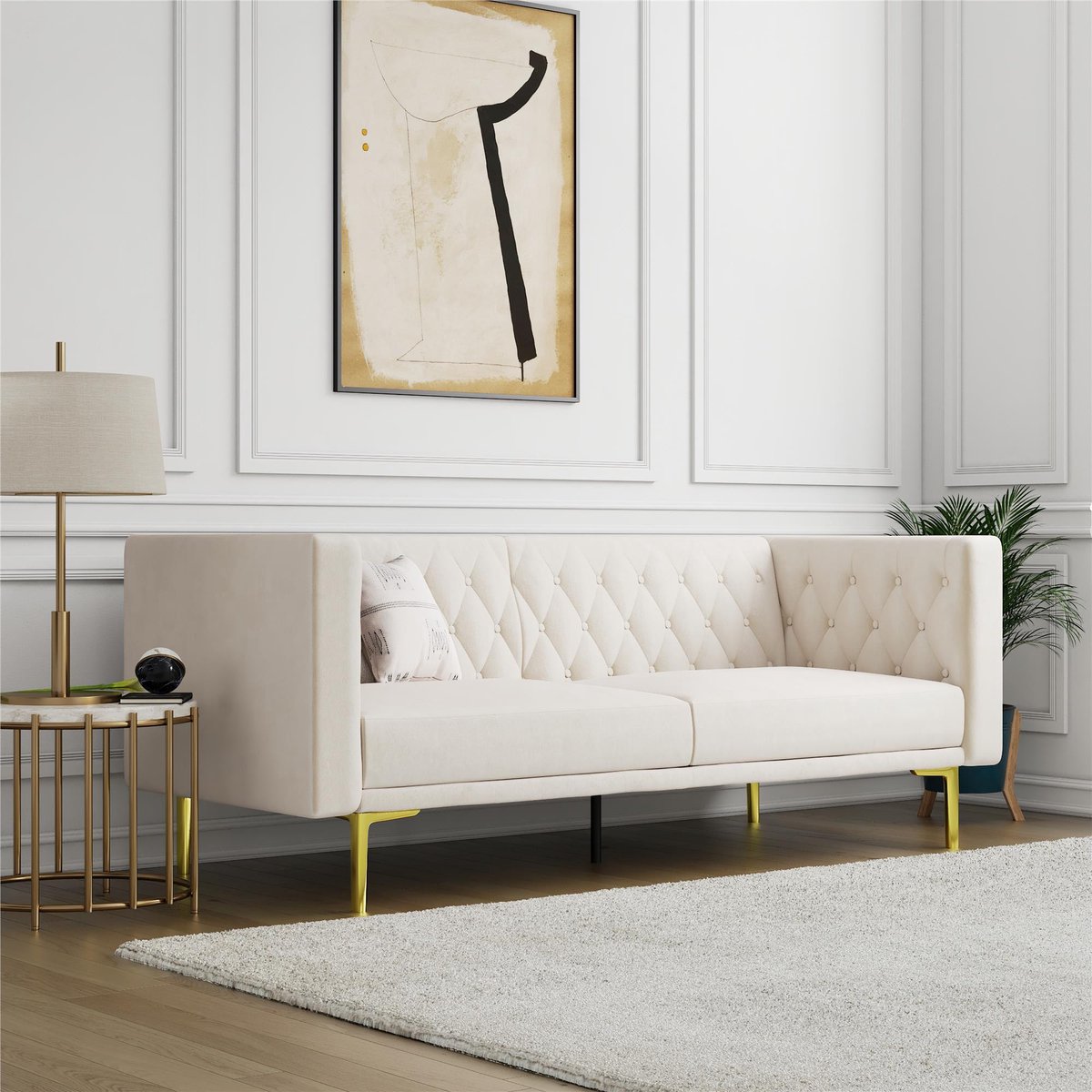 Notio Living Marseille-3Zitsbank - Ivoor Fluweel/Goud Wit