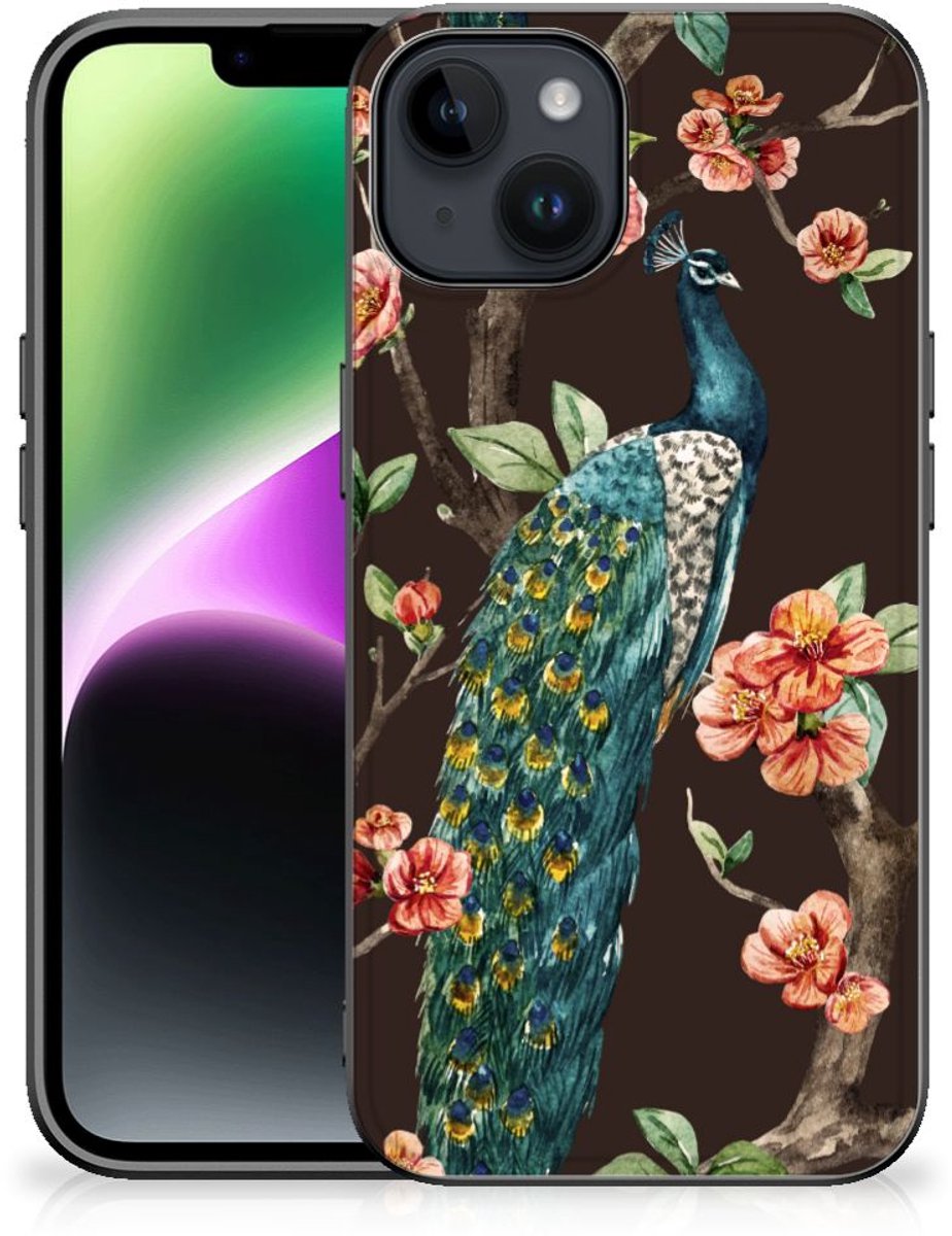 iPhone 15 Dierenprint Telefoonhoesje Pauw met Bloemen