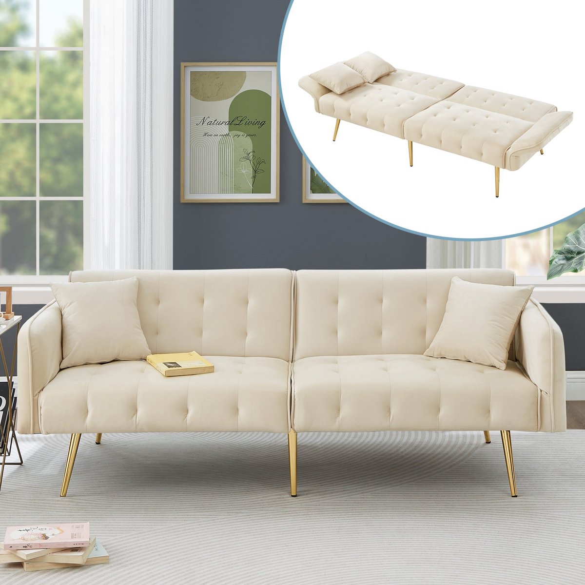 Sweiko Slaapbank - Verstelbare rugleuning - met Kussens - Beige