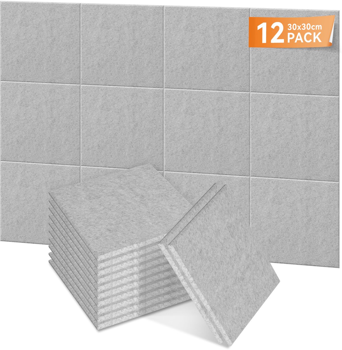 Aufun Plat vierkant Akoestische Panelen, Zelfklevende Wandbekleding (Lichtgrijs, 12 Strips)