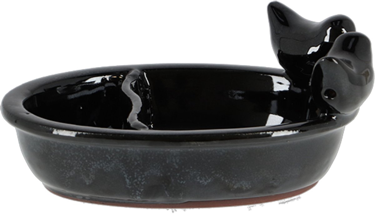 Best for Birds Vogelbad/voederschaal - zwart - keramiek - 15 x 20 x 8 cm - drink/eet schaal voor tuinvogels