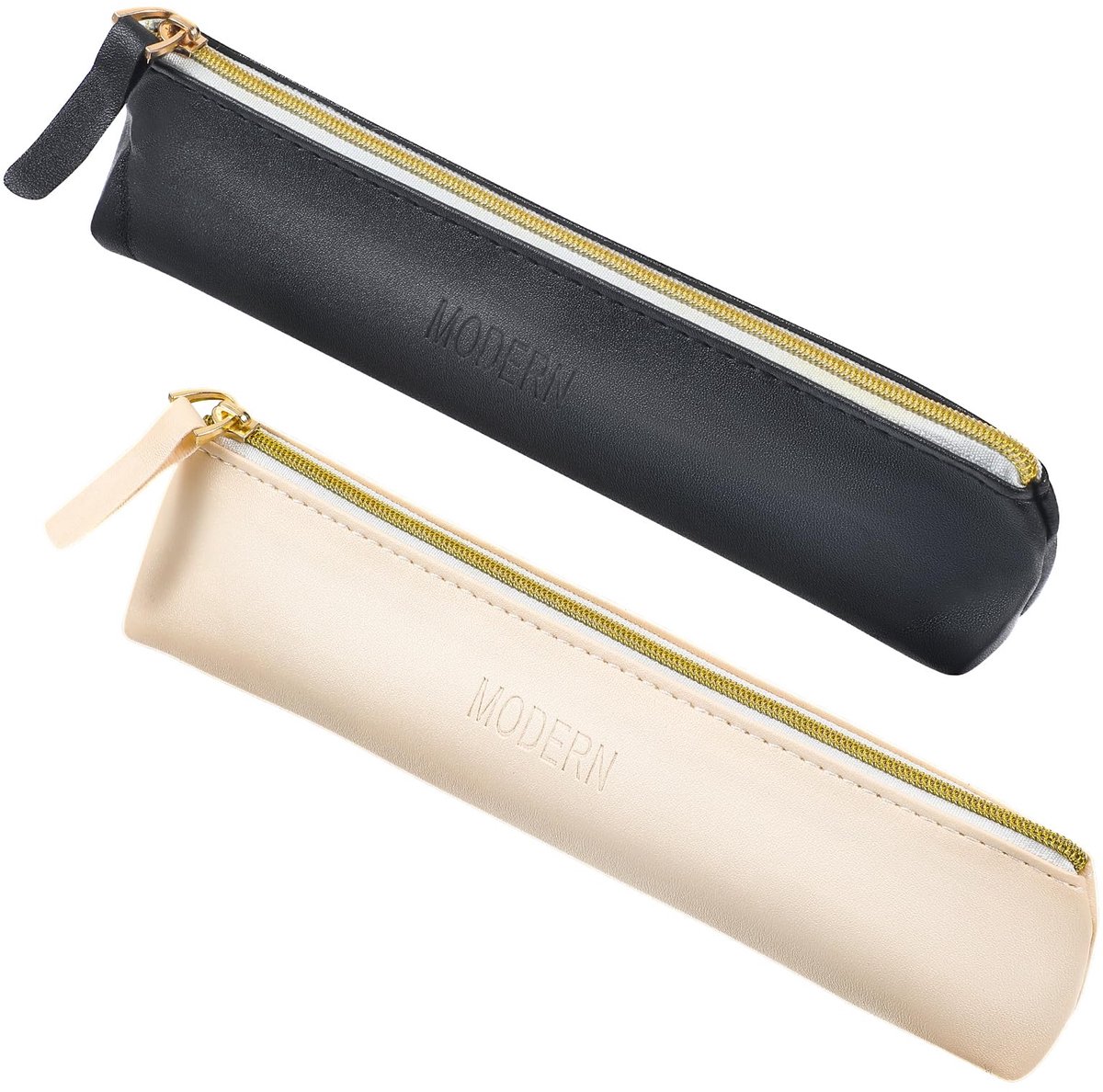 Pennenetui Leer - Modieus met Rits - Voor School, Studie & Kantoor - Zwart Beige