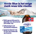 Fles Arctic Blue Omega 3 visolie met Noorse vlag en tekst over MSC-certificering en herkomst.