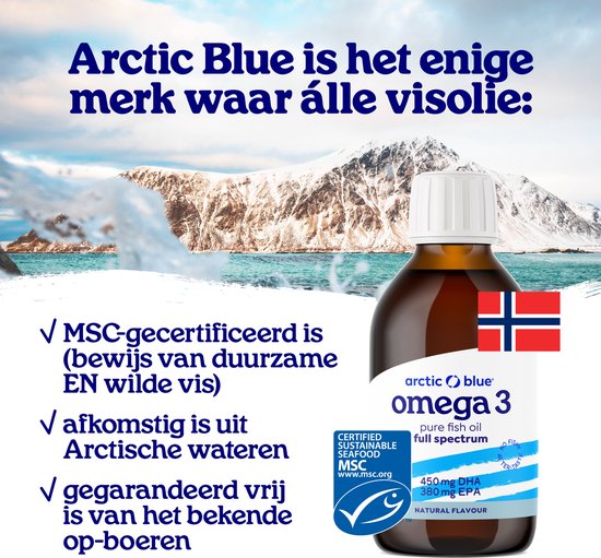 Fles Arctic Blue Omega 3 visolie met Noorse vlag en tekst over MSC-certificering en herkomst.