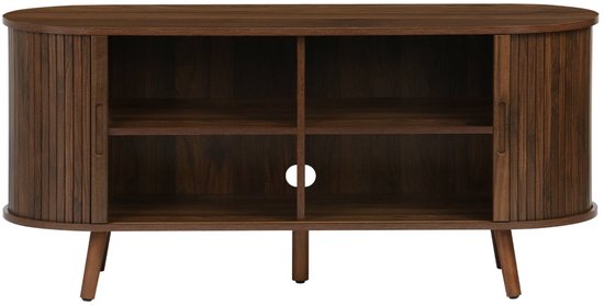 Donkerbruin Scandinavisch tv-meubel met gegroefd houteffect en open vakken.