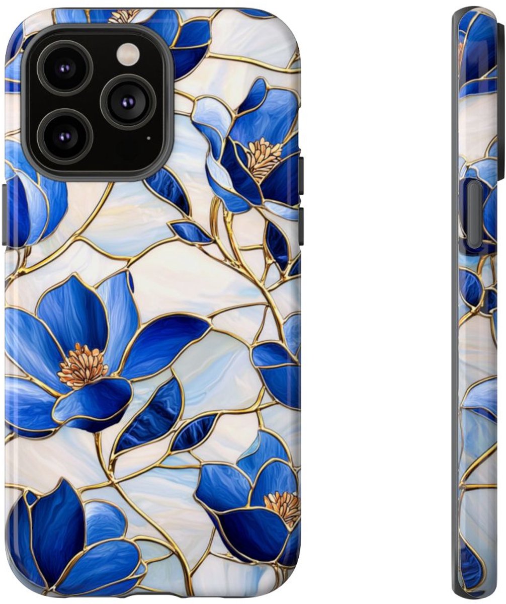 Blauw Gebloemd Glas-in-loodpatroon – Telefoonhoesje Geschikt voor iPhone 14 Pro Max