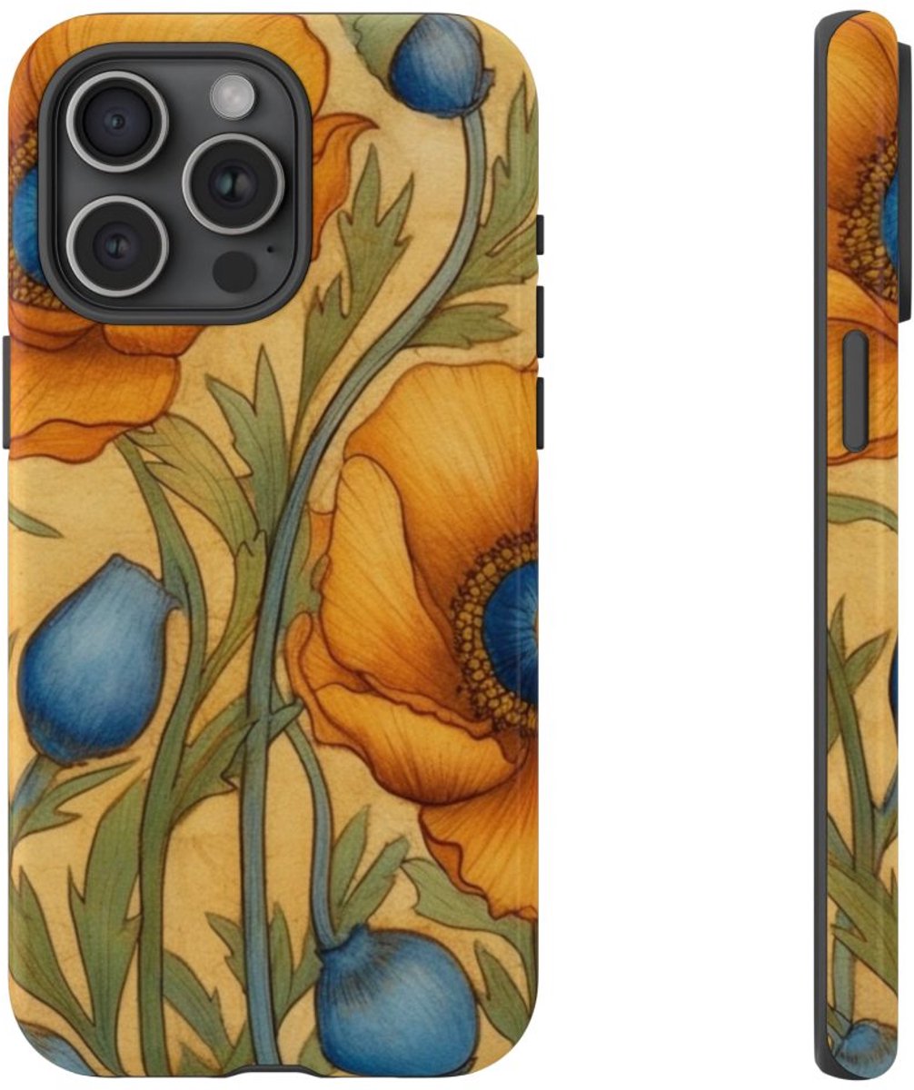 Gouden Klaprozen met Blauwe Harten – Telefoonhoesje Geschikt voor iPhone 15 Pro Max