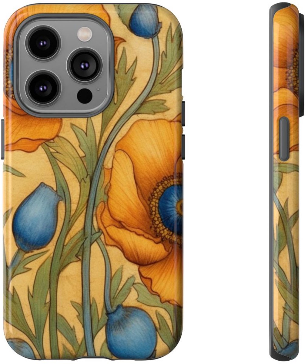 Gouden Klaprozen met Blauwe Harten – Telefoonhoesje Geschikt voor iPhone 14 Pro