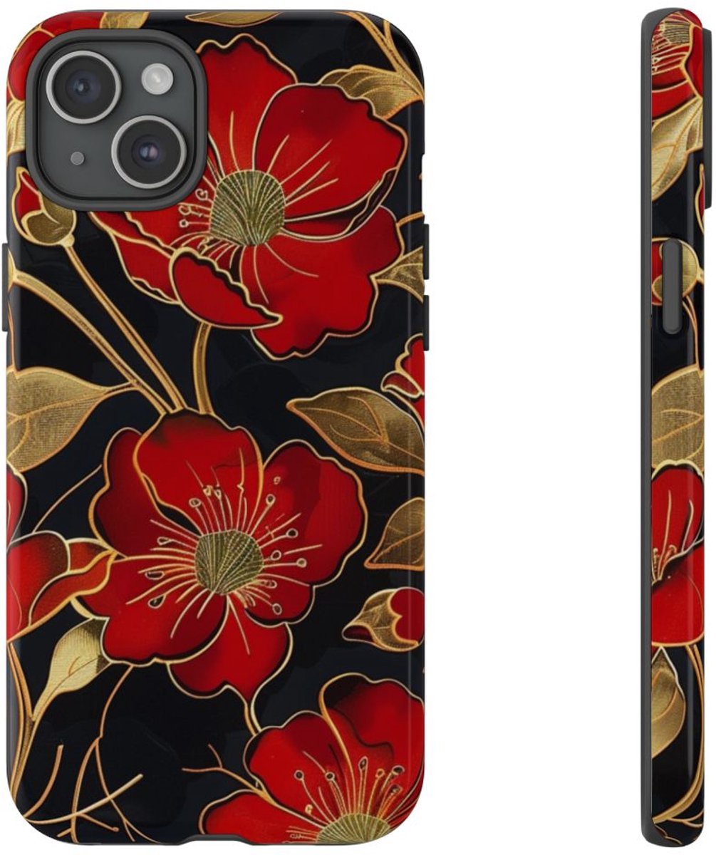 Rood-Gouden Bloemenpatroon – Telefoonhoesje Geschikt voor iPhone 15 Plus