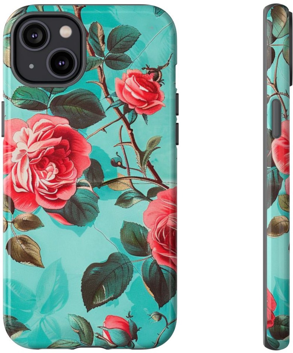 Rode Rozen op Turquoise Achtergrond – Telefoonhoesje Geschikt voor iPhone 14 Plus