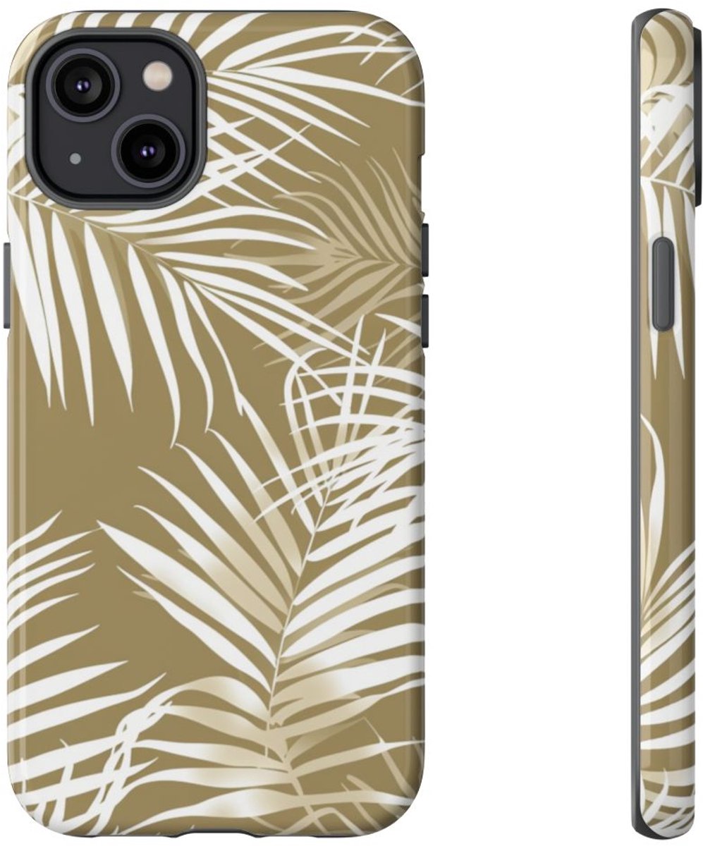 Witte Palmbladeren op Khaki Achtergrond – Telefoonhoesje Geschikt voor iPhone 14 Plus