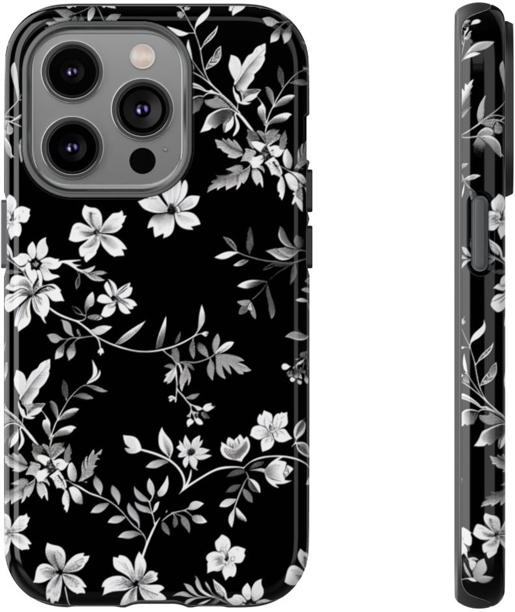 Zwart-Wit Bloemenpatroon – Telefoonhoesje Geschikt voor iPhone 14 Pro