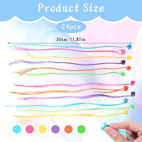 24 Pieces Kinder Kleurige Haarstrengen met Tangen - Kleurige Haarstrengen voor Haarverlenging - Haaraccessoires Set voor Feest en Vlechten van Merkloos	 — afbeelding 2