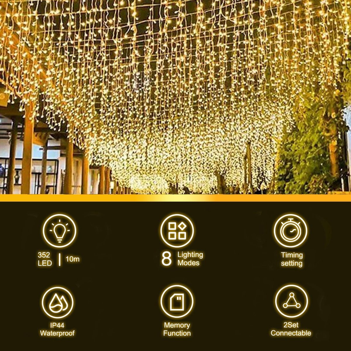 Ibenzoa® Led-lichtsnoer met 352 LED's voor veelzijdige binnen- en buitendecoratie, 10 meter, 8 lichtmodi