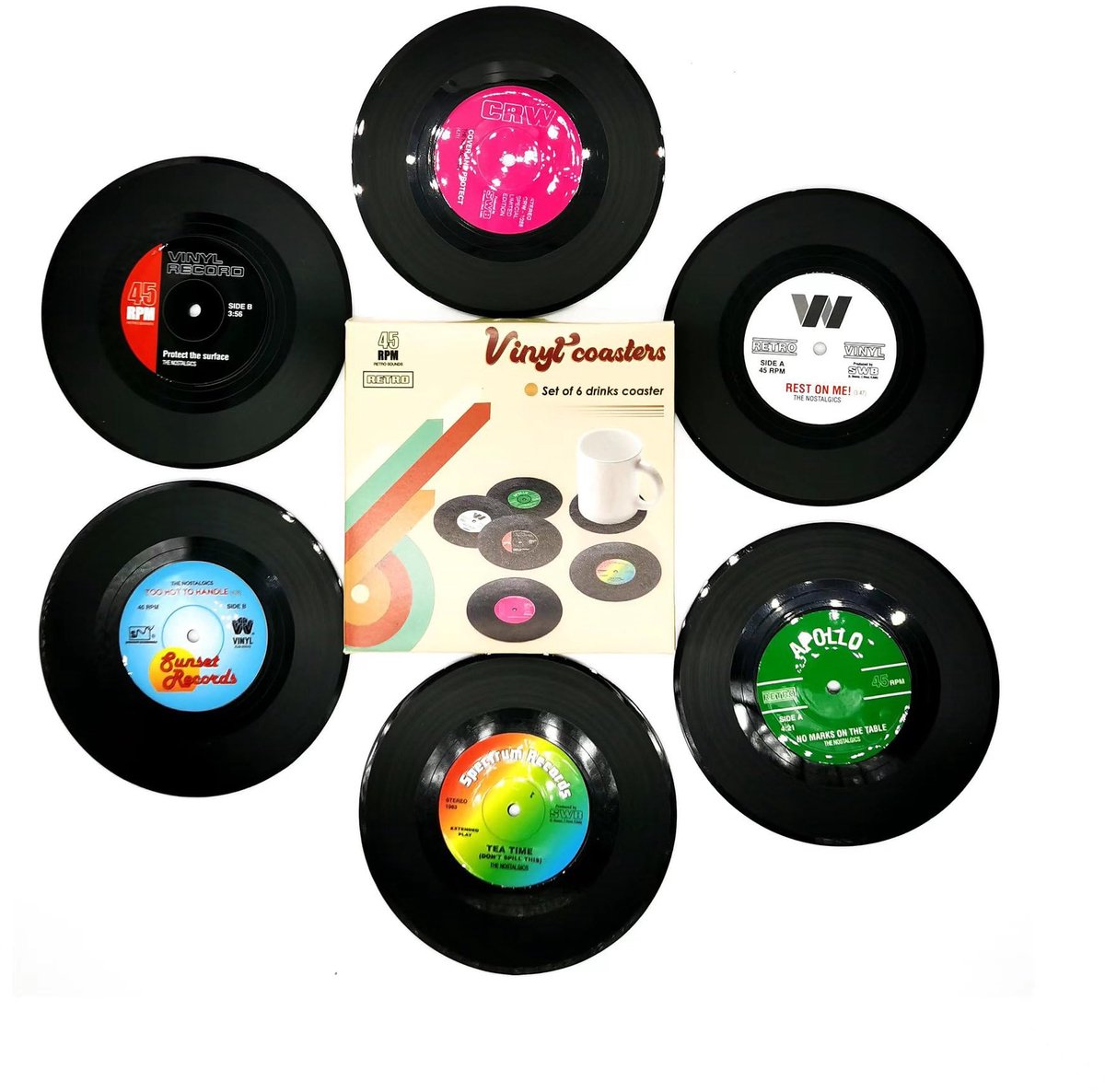Vonmerie Set van 6 Retro Platenonderzetters met Antislip Design Basis, Geschikt voor het Opzetten van Koffie en Drankjes, Geschikt voor Bars, Cafés, Feesten (Klassiek, Zonder Bekerhouder, 9,5 cm)
