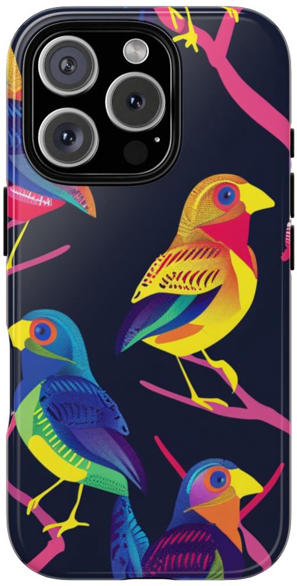 Neonkleurige Vogels op Takken – Telefoonhoesje Geschikt voor iPhone 16 Pro