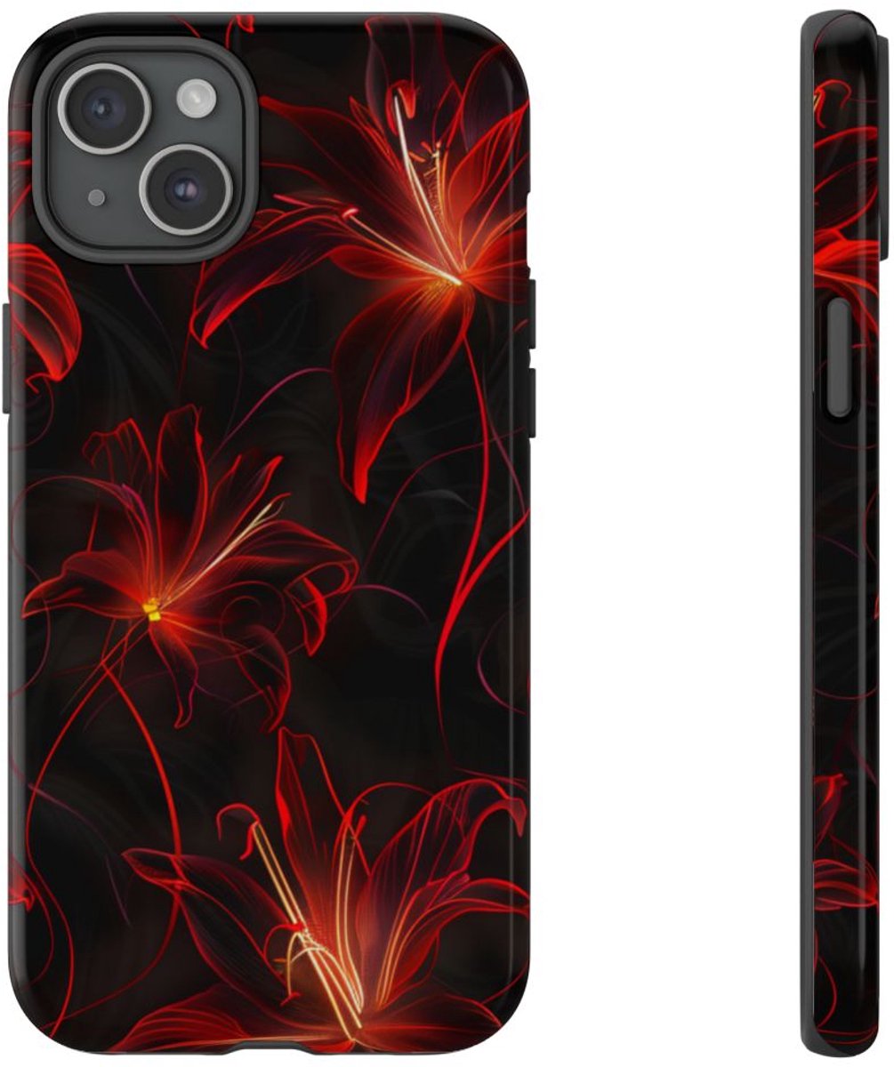 Rood Neon Spinleliepatroon – Telefoonhoesje Geschikt voor iPhone 15 Plus