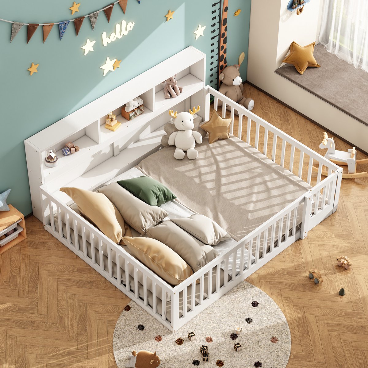 Merax Slaapbank 140x200cm met opbergvak aan de rand van het bed - zonder matras - reling - wit