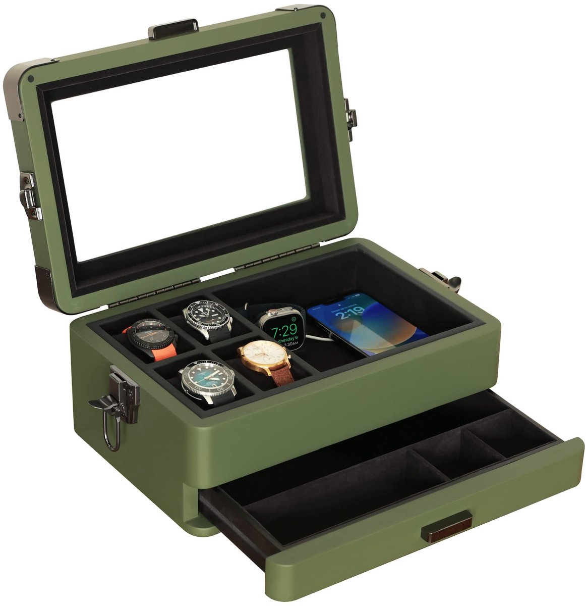 CASE ELEGANCE Militaire horlogebox met 10 compartimenten voor heren, bovenkant van echt glas, modulaire valetlade, Apple Watch compatibel met Apple Watch-standaard, accessoirelade - Groen